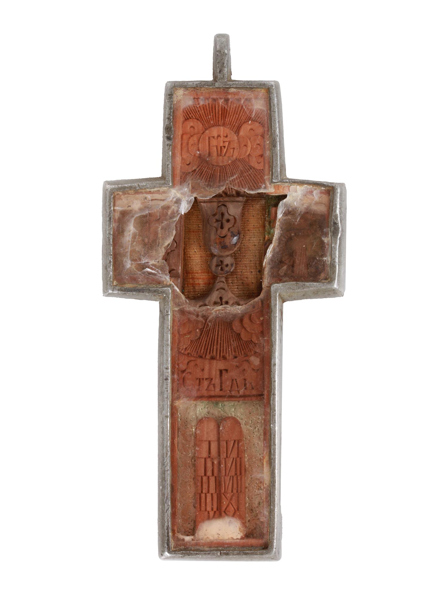 ANTIQUE RUSSIAN ORTHODOX ARMA CHRISTI WOOD CROSS PIC-3